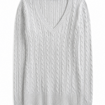 Light Gray Cable-Knit V-Neck Sweater