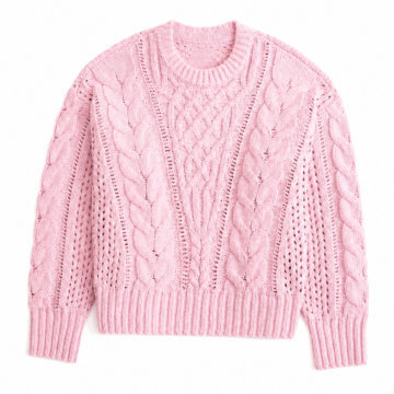 Light Pink Cable-Knit Crew Neck Sweater