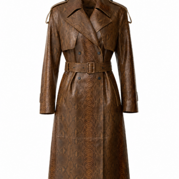 Brown Snakeskin Print Double-Breasted Trench Coat with Belt