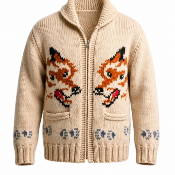 Beige Fox Intarsia Knit Zip-Up Cardigan