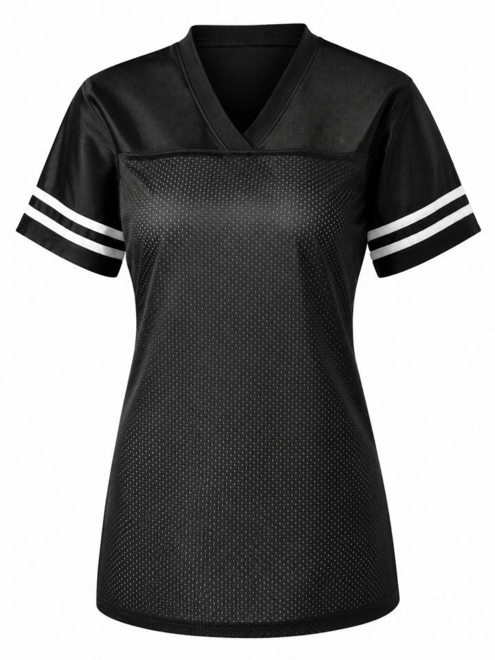 Black Mesh V-Neck Short Sleeve Top with Side Stripes