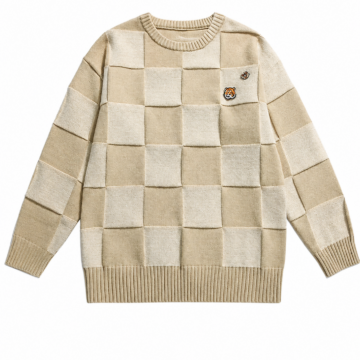 Cream Checkerboard Oversized Knit Sweater
