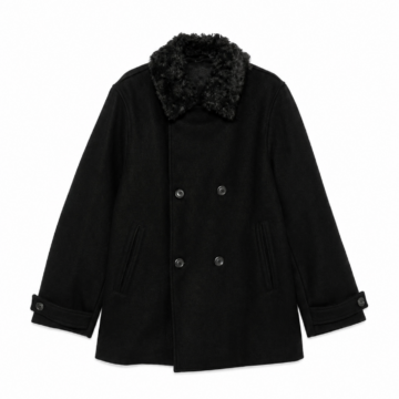 Black Faux Fur Collar Double-Breasted Mid-Length Coat