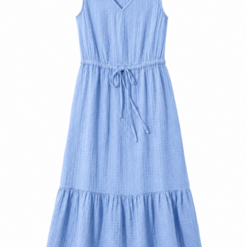 Light Blue Crinkled Sleeveless Midi Dress with Drawstring Waist