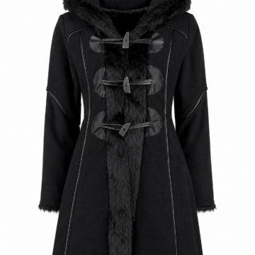 Black Hooded Faux Fur Trim Toggle Coat with Piping