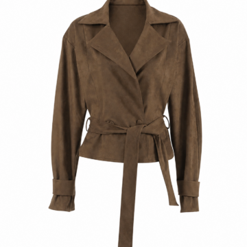 Dark Brown Faux Suede Wrap Front Belted Jacket