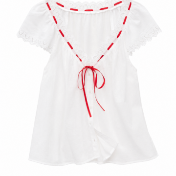 White Off-Shoulder Lace-Trim Blouse with Red Ribbon Tie