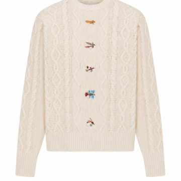 Cream Cable-Knit Insect Motif Crewneck Sweater
