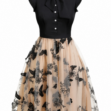 Black and Beige Tulle A-Line Dress with Pussy-Bow
