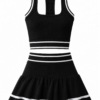 Black Ribbed Knit Crop Top and Mini Skirt Set with White Stripes