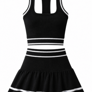 Black Ribbed Knit Crop Top and Mini Skirt Set with White Stripes
