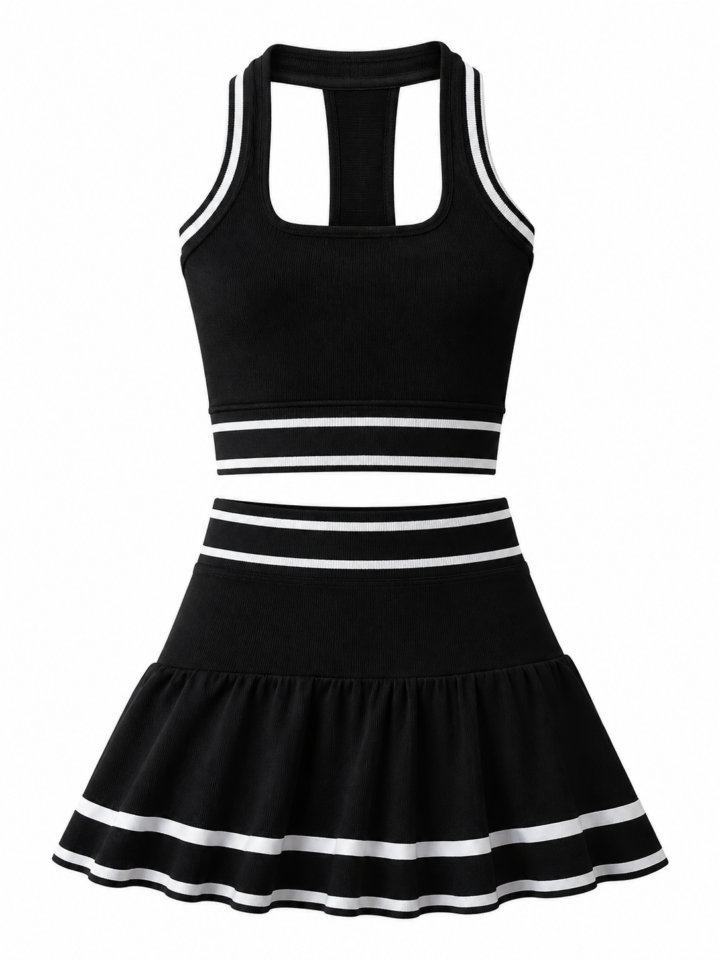 Black Ribbed Knit Crop Top and Mini Skirt Set with White Stripes