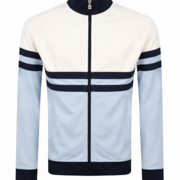 White Light Blue Navy Color-Block Track Jacket with Mock Collar