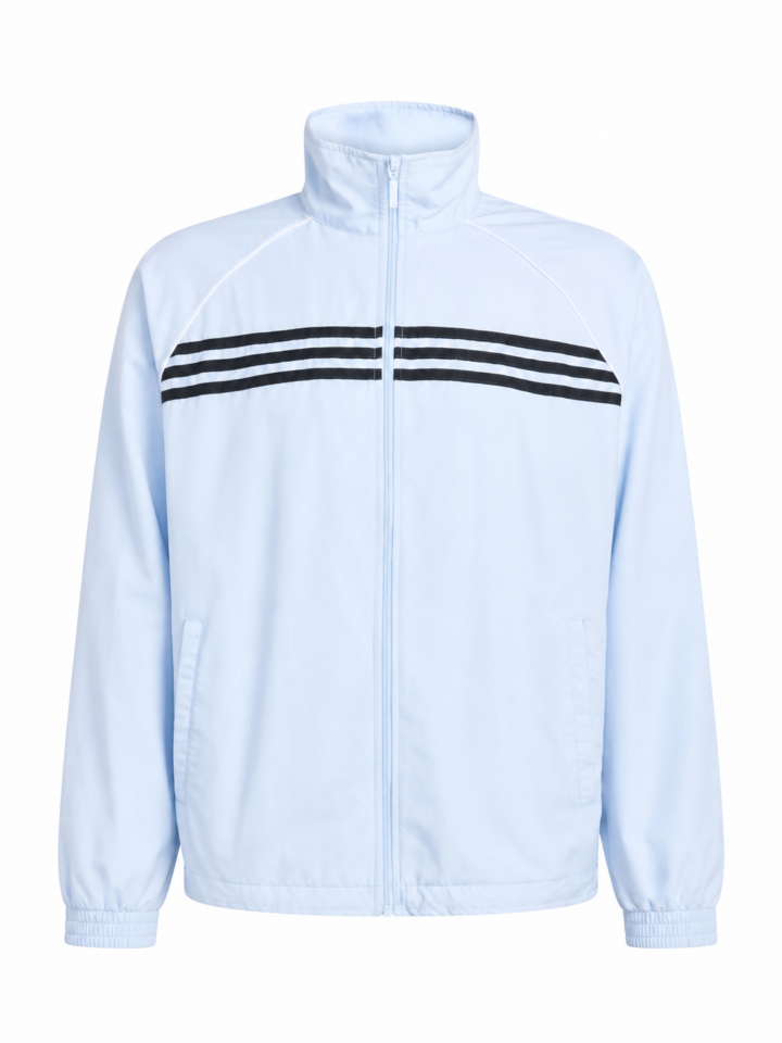 Light Blue Track Jacket with Black Chest Stripes and Stand Collar
