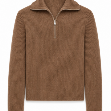 Brown Ribbed Knit Quarter-Zip Sweater