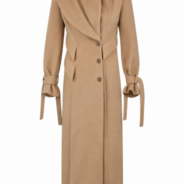 Camel Draped Collar Longline Coat with Tie Cuffs