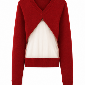 Deep Red Cropped Knit Cardigan with Sheer Mesh Panel